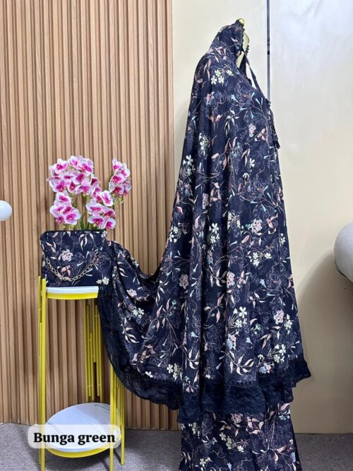 Mukena Katun Rayon Viscose Hitam Motif Bunga 01