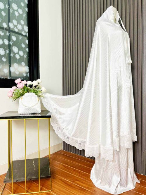 Mukena Mewah Putih-Hitam Bahan Armany Jaguar Silk Premium 02