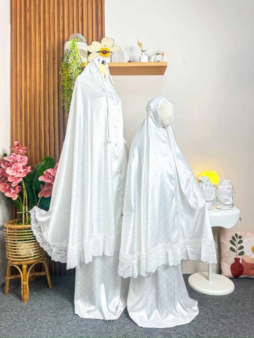 Mukena Putih Couple Bahan Armani Jaguar Silk Premium FlowerTex 05