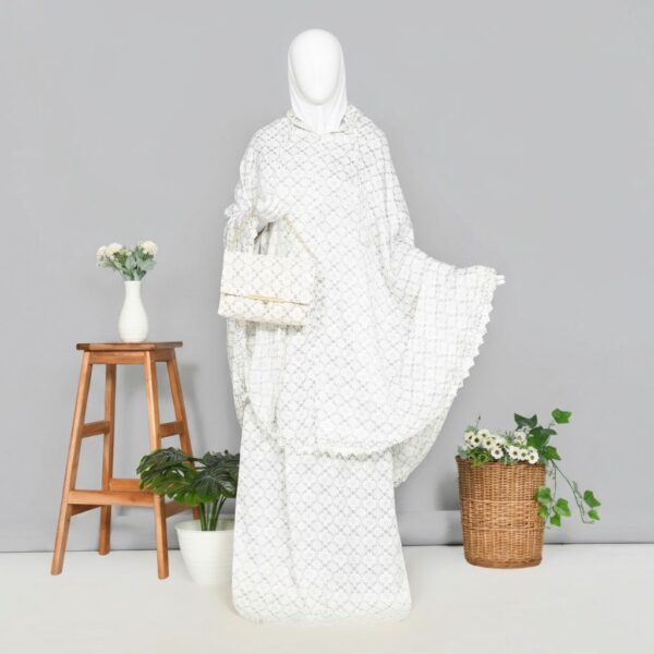 Mukena Santorini Prayer Set Lila dengan Lasercut 02