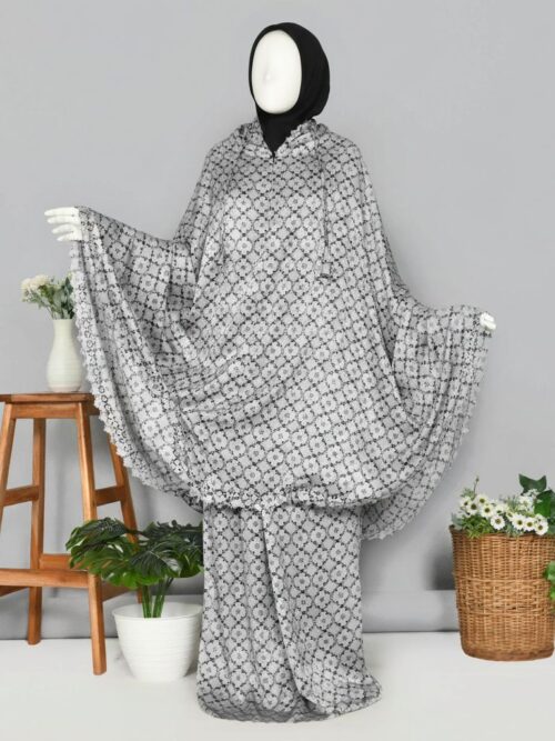 Mukena Santorini Prayer Set Lila dengan Lasercut 05